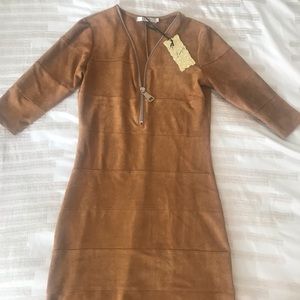 Velvet tan dress with front zipper.